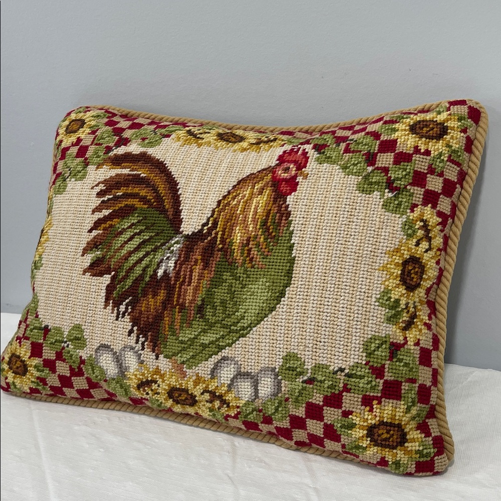 Sunflower Rooster Needlepoint decor Pillow vintage cottage farmhouse country - Picture 4 of 16